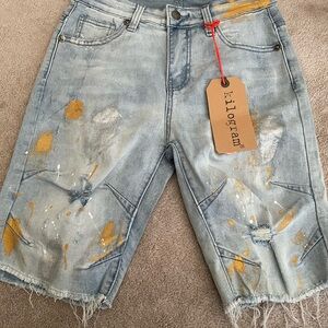 Blue and Orange Distressed Jean Shorts with Frayed Hem